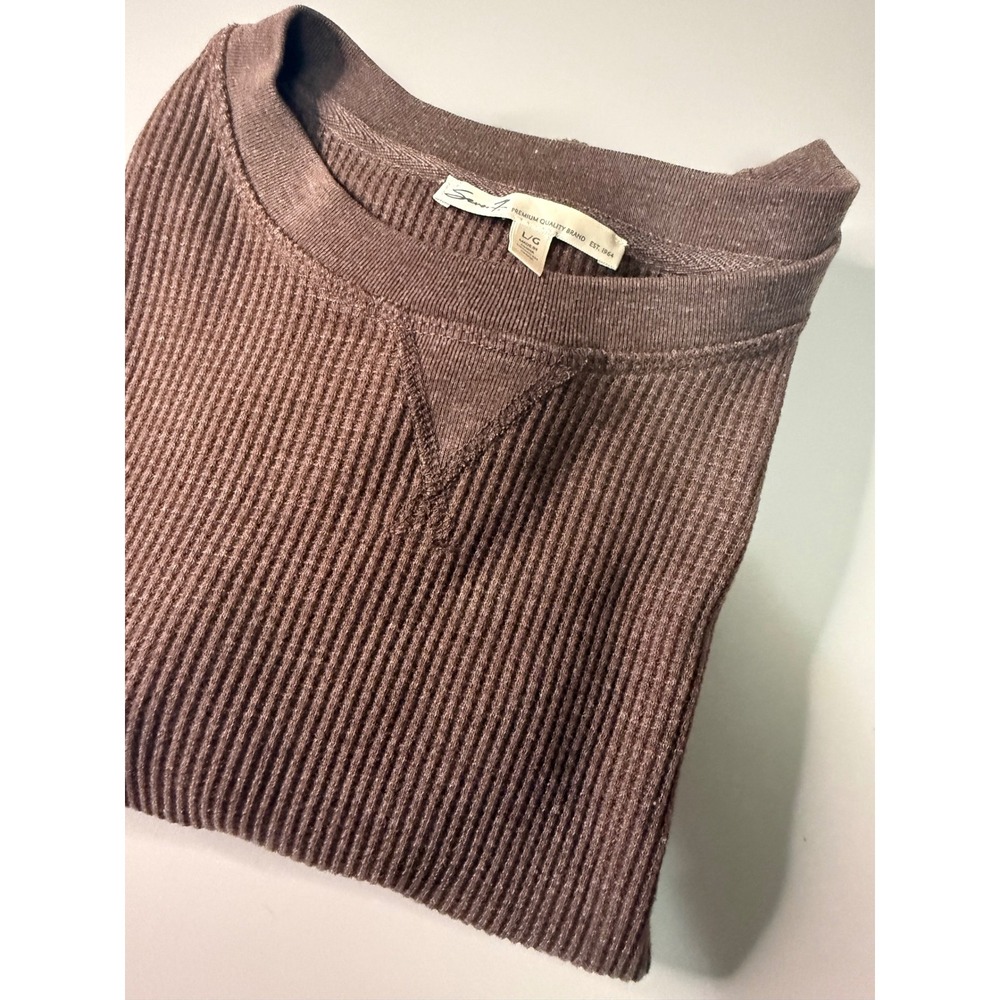 Seven7 Womens Brown Waffle Knit Thermal Long Sleeve Top High Low Hem Large